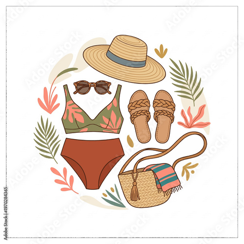 A hand drawn vector illustration of a retro style cowboy wearing a brown straw hat and sunglasses while enjoying food on a summer beach