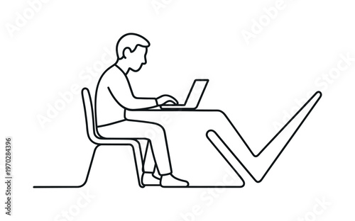 Focused productivity and deep work in a distraction free professional environment, a single flowing line forming a minimal desk that seamlessly