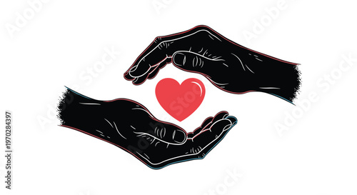 Two protective hands cupping a red heart symbol against a white background to represent care and support.