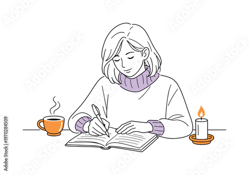 Single-character moment illustration of a woman in a cozy sweater sitting at a desk journaling in an open notebook, a small steaming cup and a single