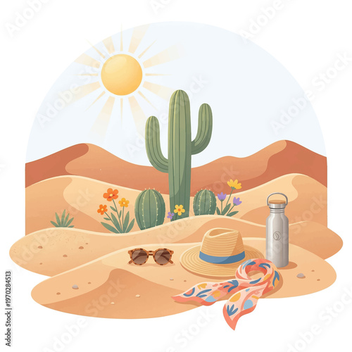 Cactus in a pot illustration in desert landscape