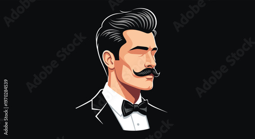 Profile portrait of a stylish man with a classic mustache and bow tie on a solid black background for formal style.