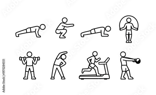 Fitness workout routine: push up exercise, squat exercise, plank pose, jumping rope, dumbbell curl, stretching pose, treadmill running, kettlebell