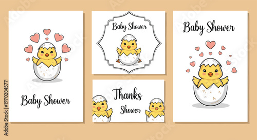 Set of baby shower invitation and thank you cards featuring a cute little chick hatching from a white eggshell.