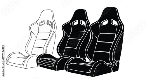 Two racing car seats shown in black and white distinct silhouette