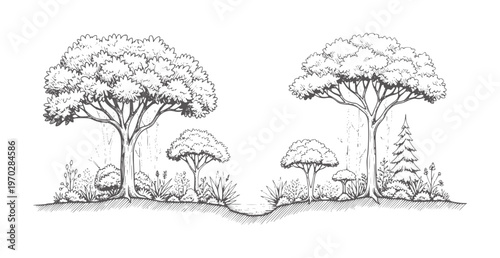 Black and white botanical cross section of layered forest vegetation with trees and shrubs