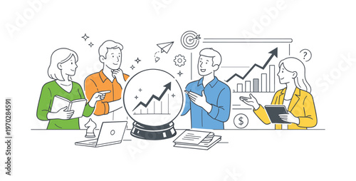 A business forecasting and future planning scene showing a small team analyzing trends around a large crystal ball and a line chart, using a clear