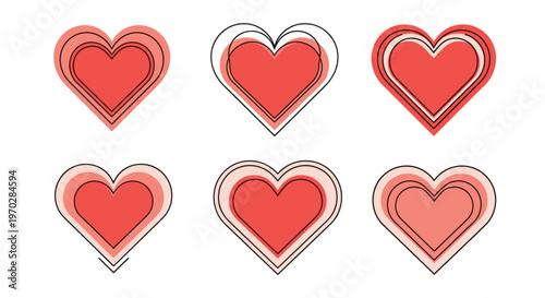 Collection of six different heart icons with various outlines and pink fills for romantic and social media symbols.