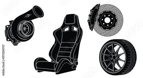 Automotive parts illustration featuring a racing seat turbo and wheel silhouette