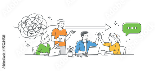 Team simplifying internal communication channels and restoring smooth message exchange together during a structured coordination session in a modern