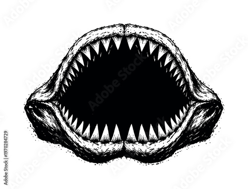A detailed shark jaw with multiple rows of teeth shown in a direct frontal view, enlarged to dominate the frame as a wide arched structure on a clean