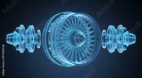 Blue digital wireframe model of a jet engine turbine exploded view
