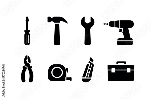 DIY tools: screwdriver, hammer, wrench, drill, pliers, measuring tape, utility knife, toolbox