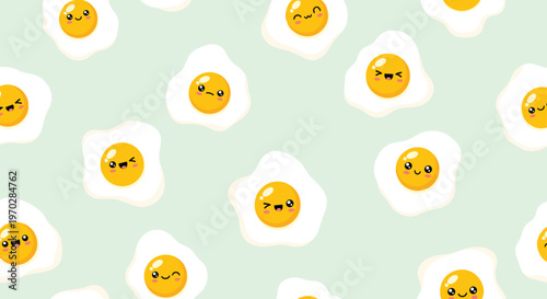 Kawaii fried egg seamless pattern with various cute facial expressions on light green background for kitchen and food design.