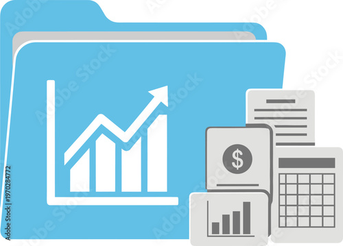 Modern blue folder icon with financial chart, calculator, and dollar document representing business growth, financial analysis, accounting data management, and corporate performance tracking illustrat