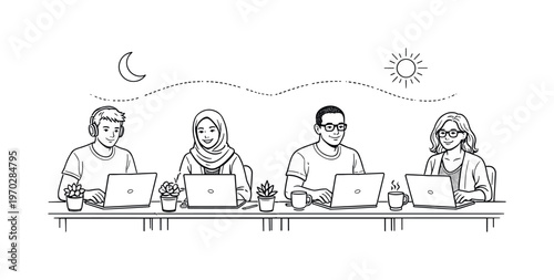 Wide horizontal editorial illustration of four diverse characters seated at individual desks arranged side by side, each with a laptop and a small