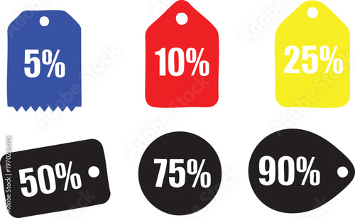 Colorful discount tags with percentage off sales and promotions silhouette