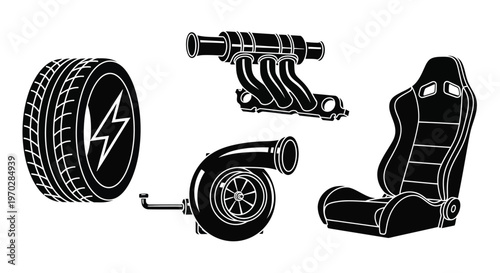 Racing car parts including tire turbo seat and exhaust silhouette