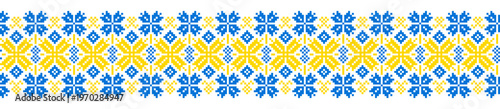 Ukrainian blue and yellow cross stitch border, seamless folk embroidery ribbon vector, Vyshyvanka Day