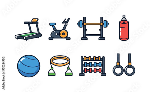 Fitness gym exercises: treadmill, exercise bike, squat rack, dumbbell rack, punching bag, yoga ball, resistance band, pull-up rings