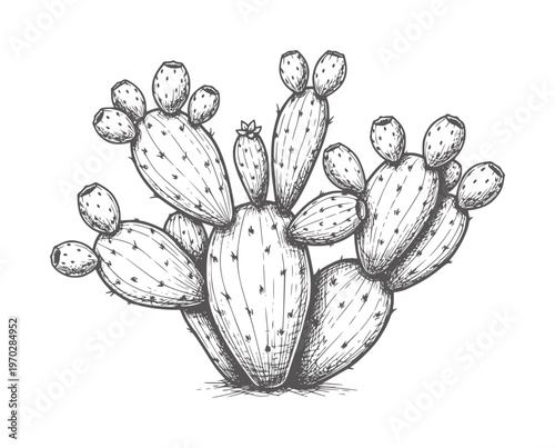Black and white line of a prickly pear cactus with fruits spikes
