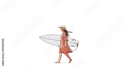 A graceful woman wearing a straw hat and a flowing peach dress carries a large white surfboard while walking across a pristine minimalist white background.