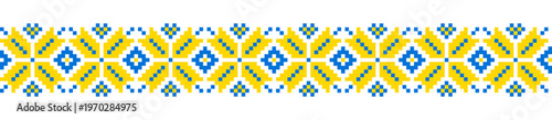Ethnic Ukrainian vyshyvanka pattern blue and yellow geometric design, cross stitch embroidery for textile design 