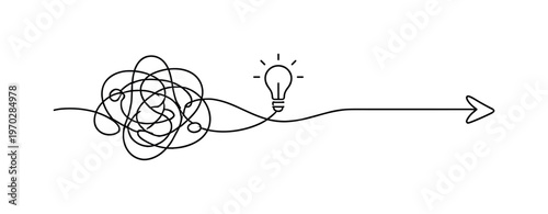 Overcoming confusion and bringing order to chaotic information in a professional decision making context, a continuous line forming a messy knot that