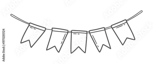 Black and white line of six triangular hanging flags a string