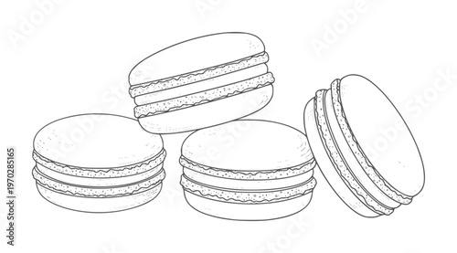 Black and white line of three stacked macarons with texture dessert pastry cookies