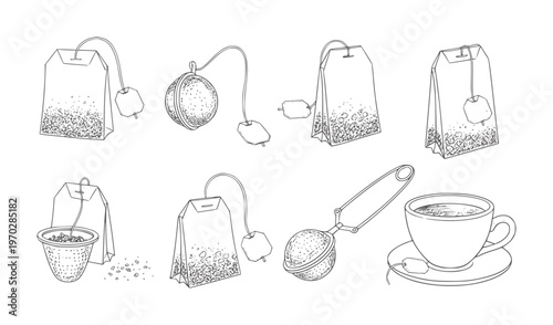 Black and white line of tea bags and brewing accessories teabags string tags infuser