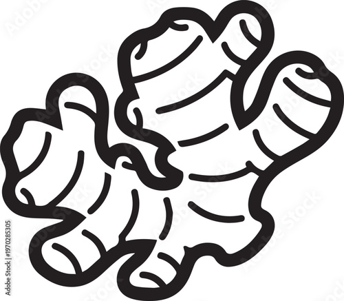 Premium High-Resolution Flat Black-and-White Vector Icon of Ginger Root with Distinctive Knobby Texture, Perfect for Health & Wellness Brands, Herbal Medicine Guides, Ayurvedic & Holistic