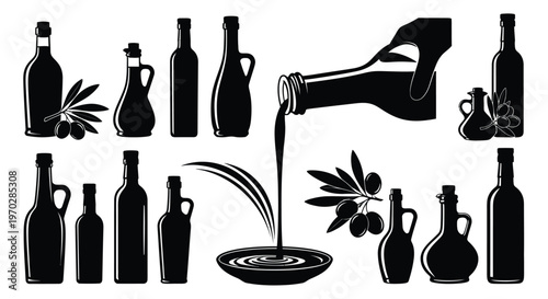 Konstfotografi Olive oil bottles pouring and branches depicted in a striking silhouette
