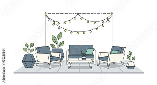 A stylish and modern outdoor patio arrangement features sleek grey seating and minimalist potted plants under a canopy of warm glowing string lights.
