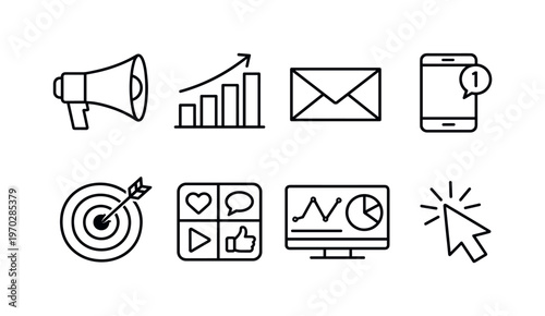 Digital marketing tools: megaphone, bar chart, email envelope, smartphone with notification, target bullseye, social media app grid, analytics