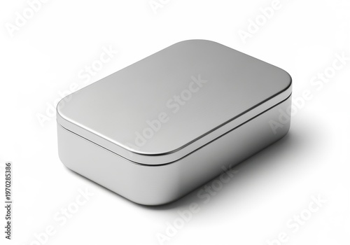 Simple brushed metal rectangular container with rounded edges, reflecting subtle light and shadow, isolated on a clean white background, minimalist studio photography.