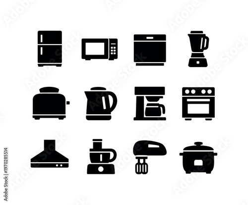 Kitchen appliances: refrigerator, microwave oven, dishwasher, blender, toaster, electric kettle, coffee machine, stove oven, range hood, food