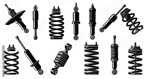Various automotive shock absorbers and coil springs in a stark silhouette