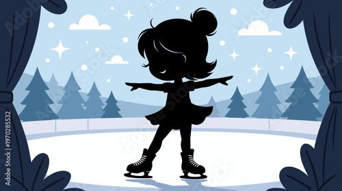 Young girl ice skating gracefully on a rink with winter background  