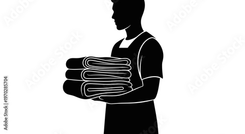 Volunteer holding stack of folded towels while standing indoors  