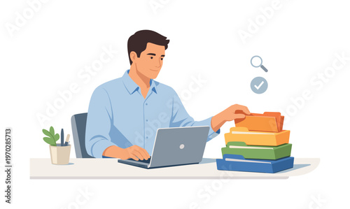 A professional maintaining clean digital file organization in a structured workflow, seated with a laptop while arranging a simple layered folder