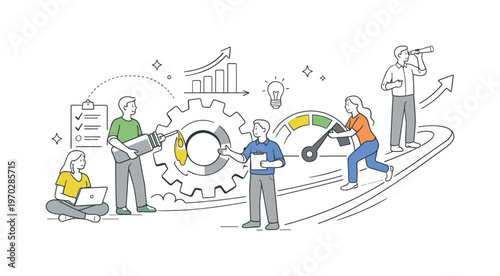 A process optimization and efficiency refinement scene showing a small team improving workflow around a large gear and a streamlined path, using a