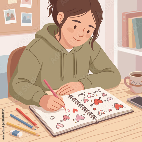 Young woman drawing hearts in sketchbook with colored pencils indoors  