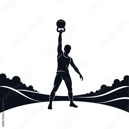 Man lifting kettlebell in park with hills in background  