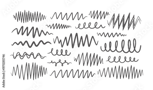 Collection of hand drawn dark grey wavy lines and scribbles white abstract black