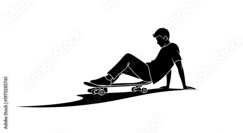 Silhouette of a boy sitting on skateboard with relaxed posture  