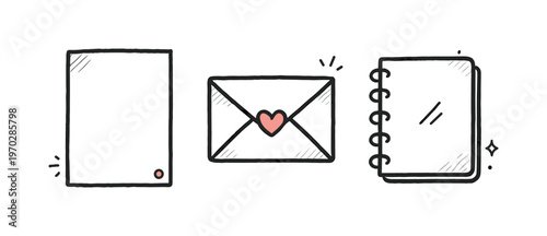 Simple paper desk theme  a horizontal row of 3 related hand-drawn objects on a white background: a plain sheet with a tiny red dot in one corner, a