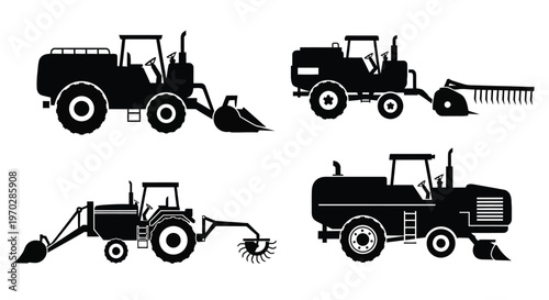 Four black silhouettes of farming tractors and machinery against white background silhouette