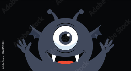 Cute dark blue one-eyed monster character with small wings and fangs for halloween decorations on solid black background.
