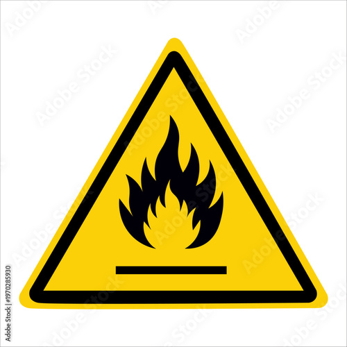 This image shows two flammable material warning signs. The signs are yellow triangles with a black border and a black flame symbol inside, indicating a fire hazard and dangerous risk.